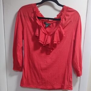 Ralph Lauren Bright Red Ruffle Women's Top 3/4 Sleeve Size: M